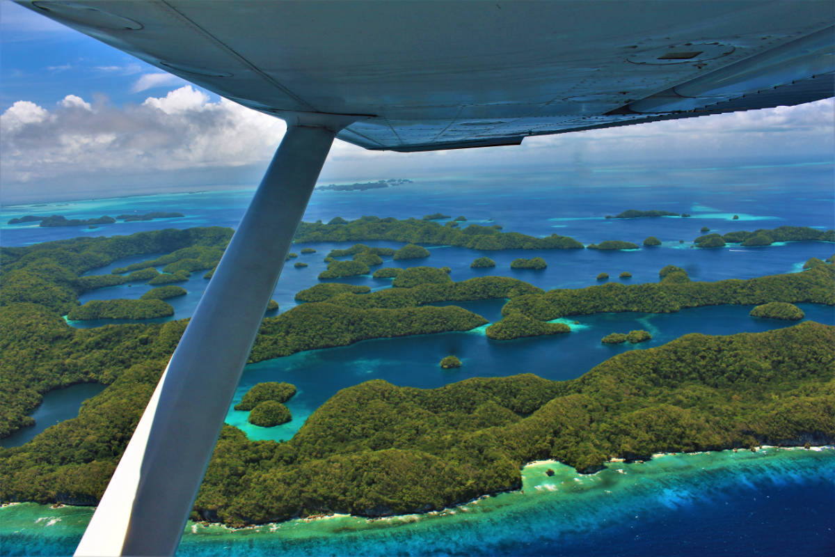 Aerial photo showing a part of the plane's wing and the Rock Islands in palau as backdrop